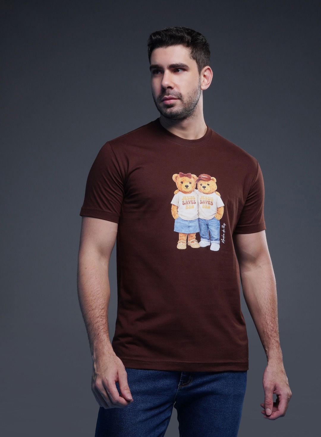 T-SHIRT  CHRISTIAN BEAR JESUS SAVES BRO MARROM
