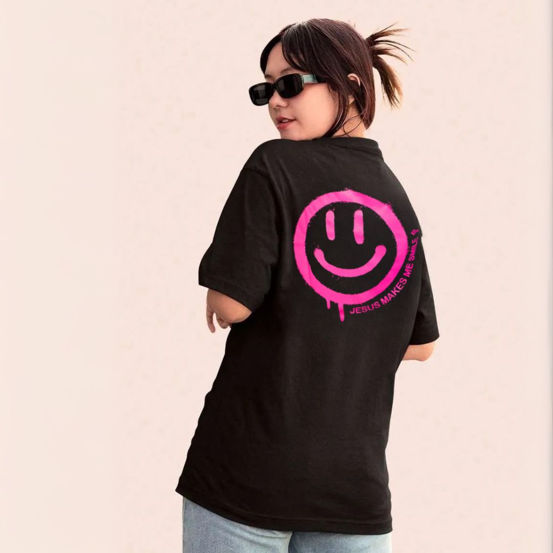 Camiseta Evangélica Preta e Rosa - Jesus Makes Me Smile