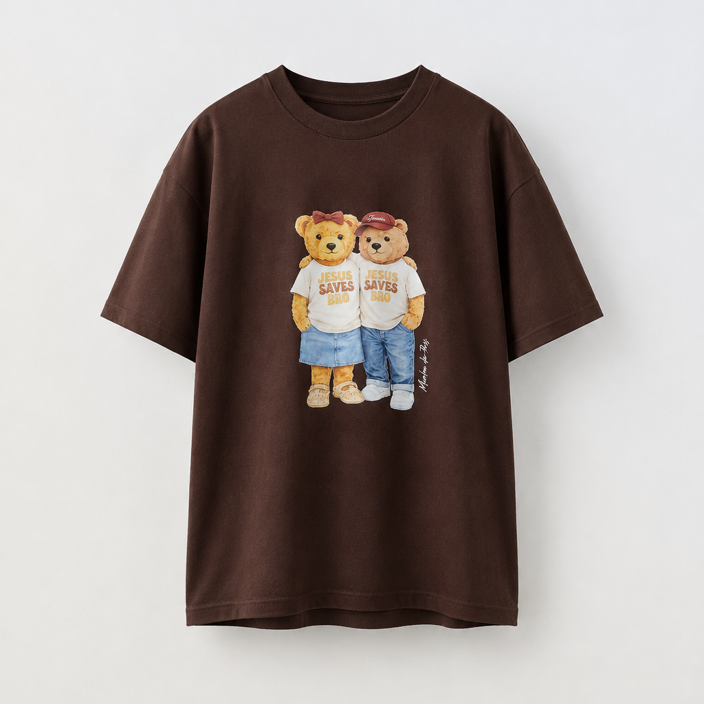 T-SHIRT  CHRISTIAN BEAR JESUS SAVES BRO MARROM