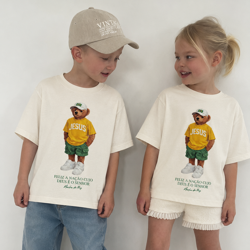 T-SHIRT INFANTIL CHRISTIAN BEAR FELIZ É A NAÇÃO - MARFIM