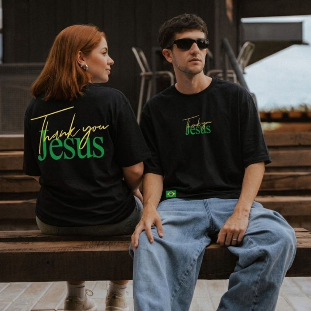 PRÉ-VENDA Camiseta Cristã - Thank You Jesus -  Preto Amarelo e Verde BR
